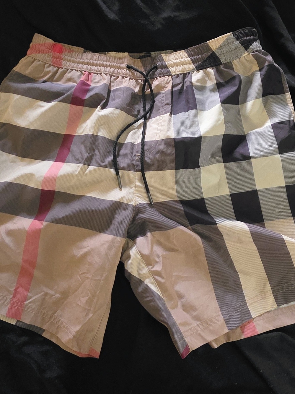 Burberry Men's L Black Cream Plaid Drawstring Swim Trunk Shorts